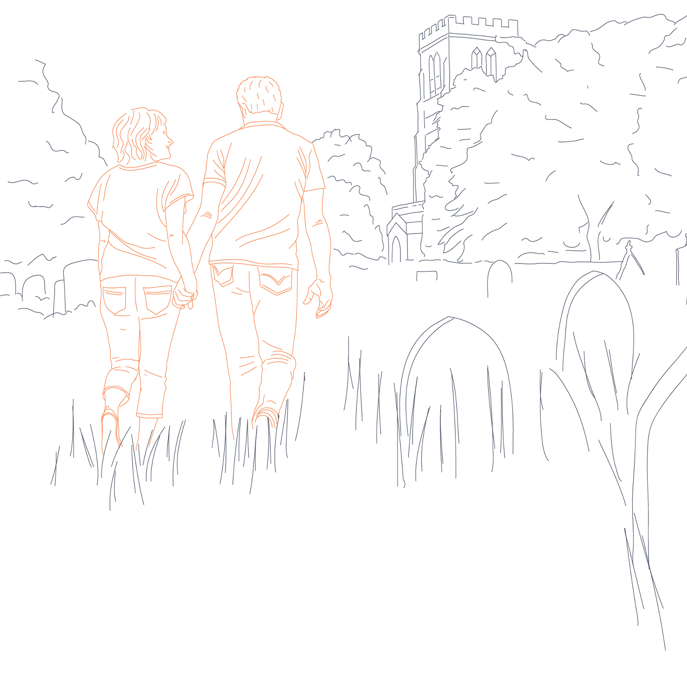 A drawing of a couple holding hands in the grounds of a castle