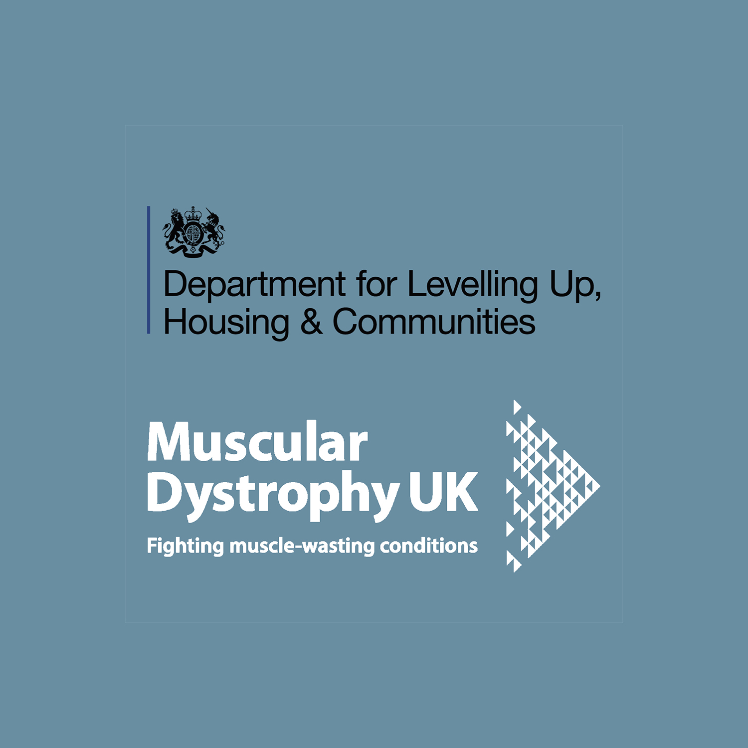 Logos of Department for Levelling up, housing and communities, and logo for muscular dystrophy UK