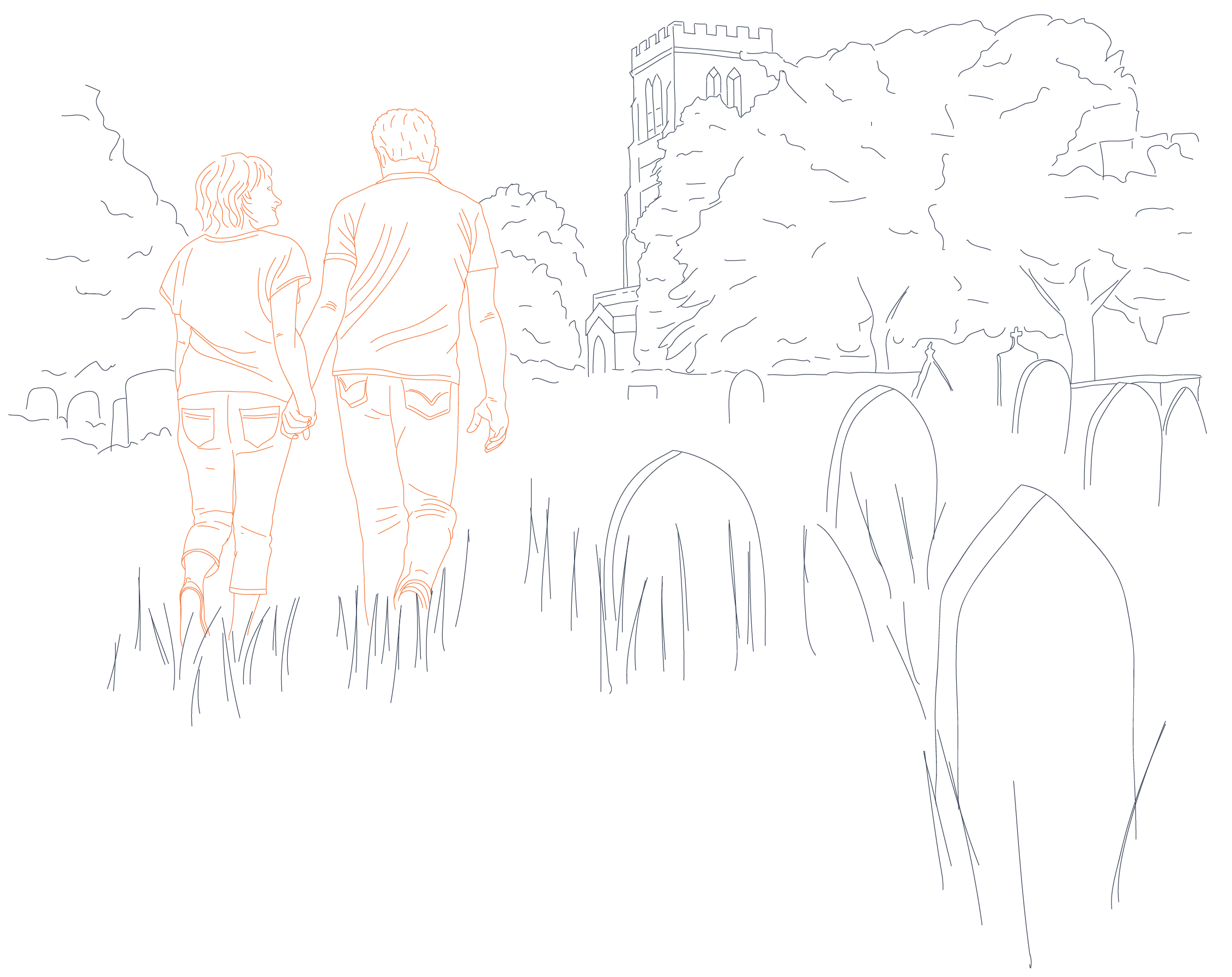 Sketch of couple in a graveyard